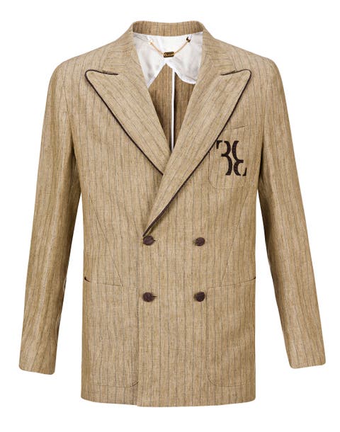 Leather Detail Pinstripe Linen & Cotton Double-breasted Blazer Men