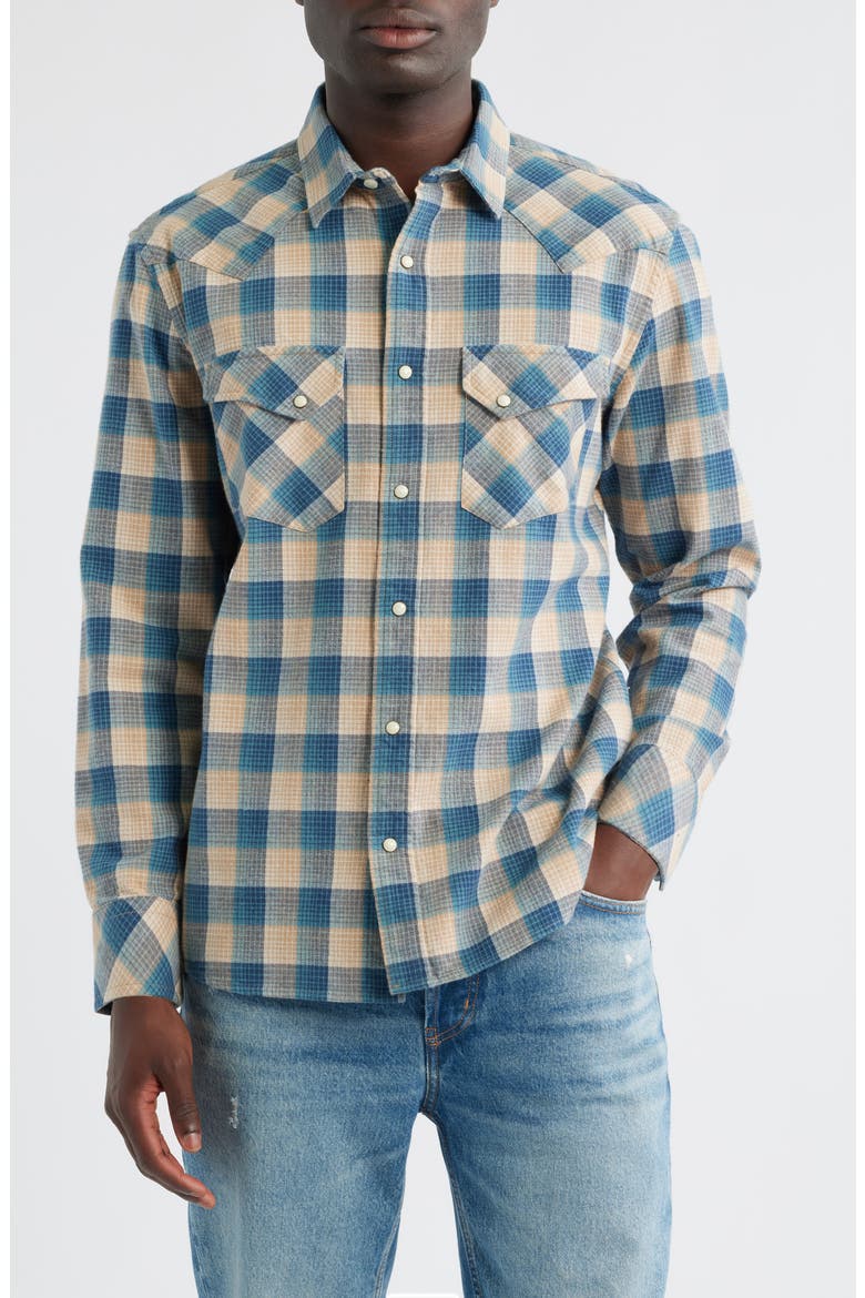 Wyatt Plaid Cotton Snap-Up Shirt, Main, color, TAN/ BLUE PLAID