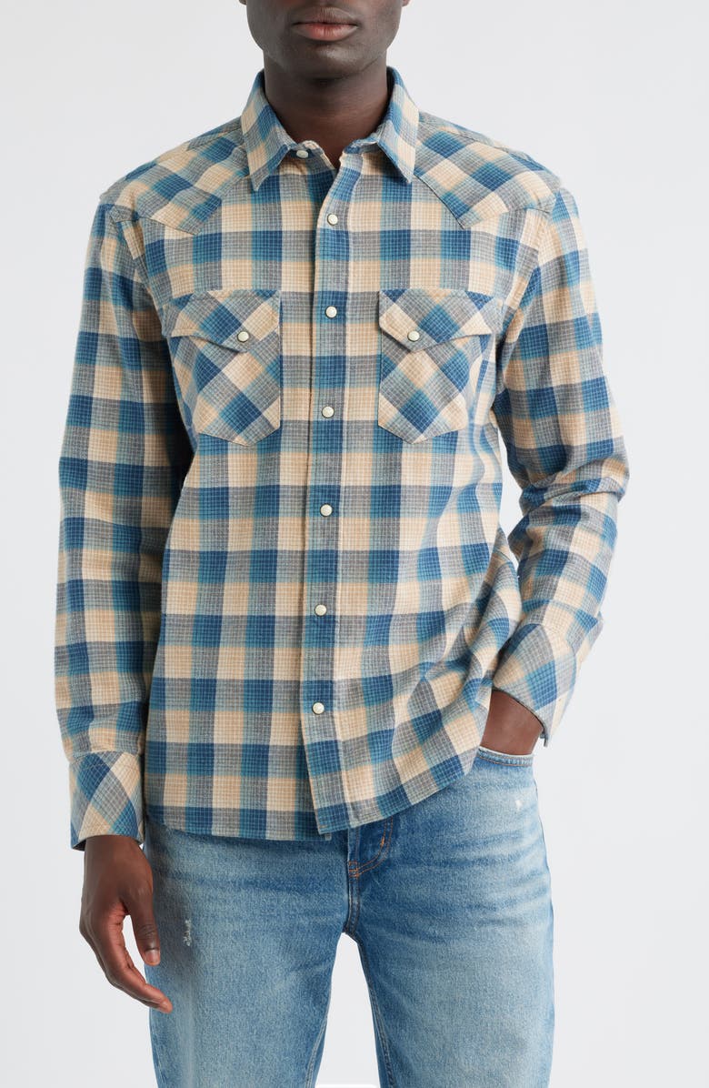 Pendleton Wyatt Plaid Cotton Snap-Up Shirt, Main, color, Tan/ Blue Plaid