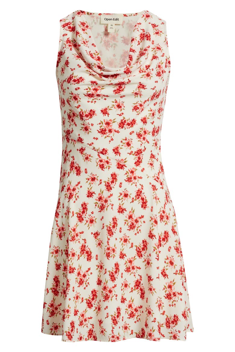 Cowl Neck Fit & Flare Minidress, Alternate, color, IVORY- PINK SOFT HIBISCUS