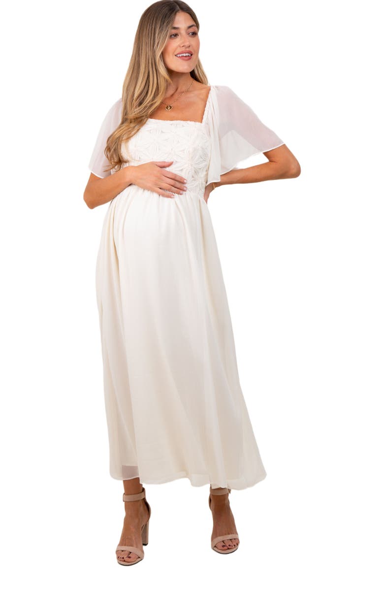 PinkBlush Floral Applique Flutter Sleeved Midi Dress, Main, color, Cream