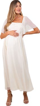 PinkBlush Floral Applique Flutter Sleeved Midi Dress
