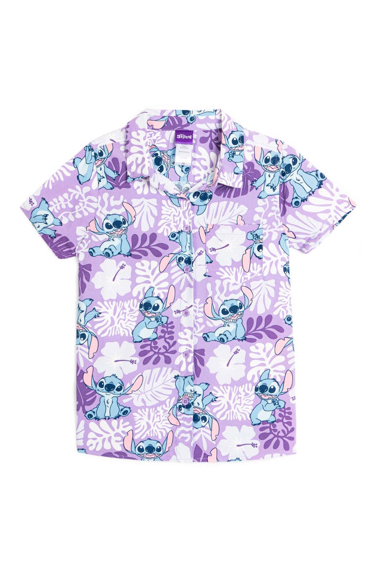 Short Sleeve Button Down Shirt, Main, color, Lilo & Stitch Purple