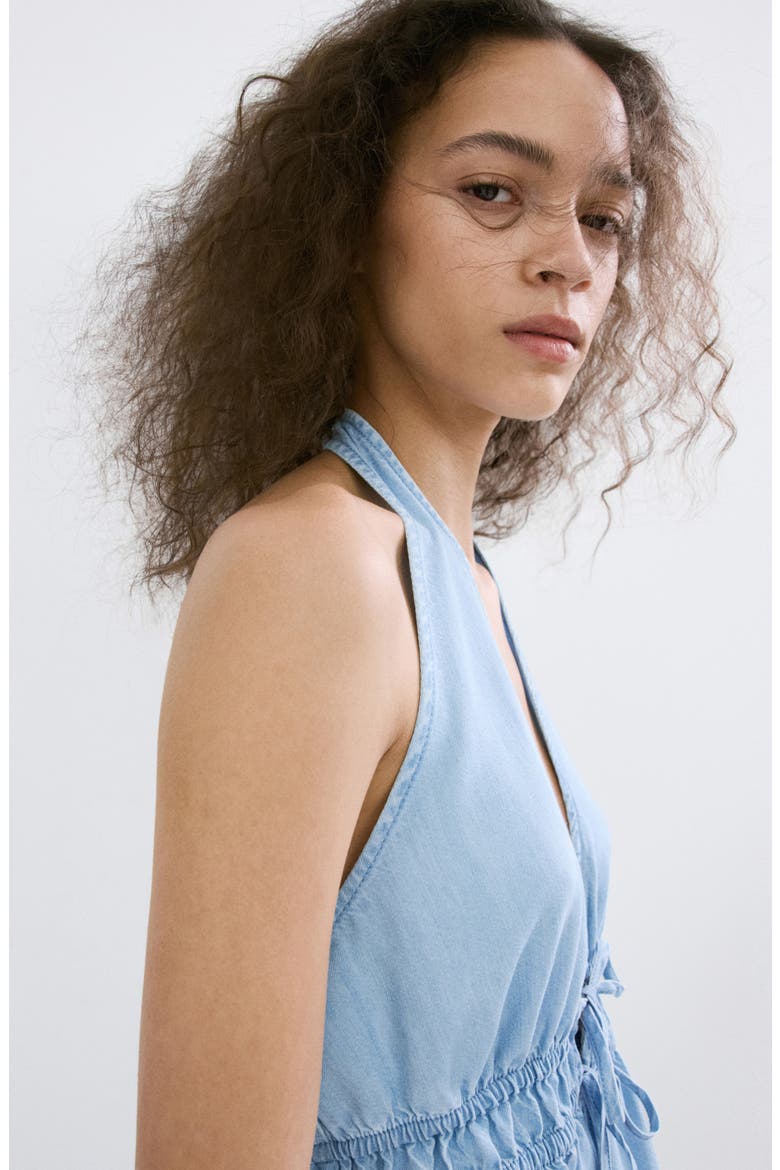 Eva Tie Front Halter Denim Top, Alternate, color, LIGHT BLUE