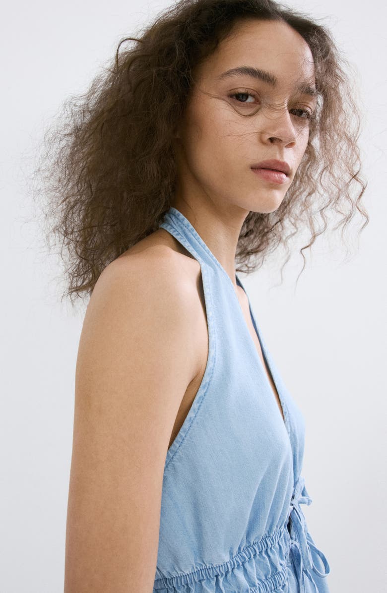 MANGO Eva Tie Front Halter Denim Top, Alternate, color, Light Blue