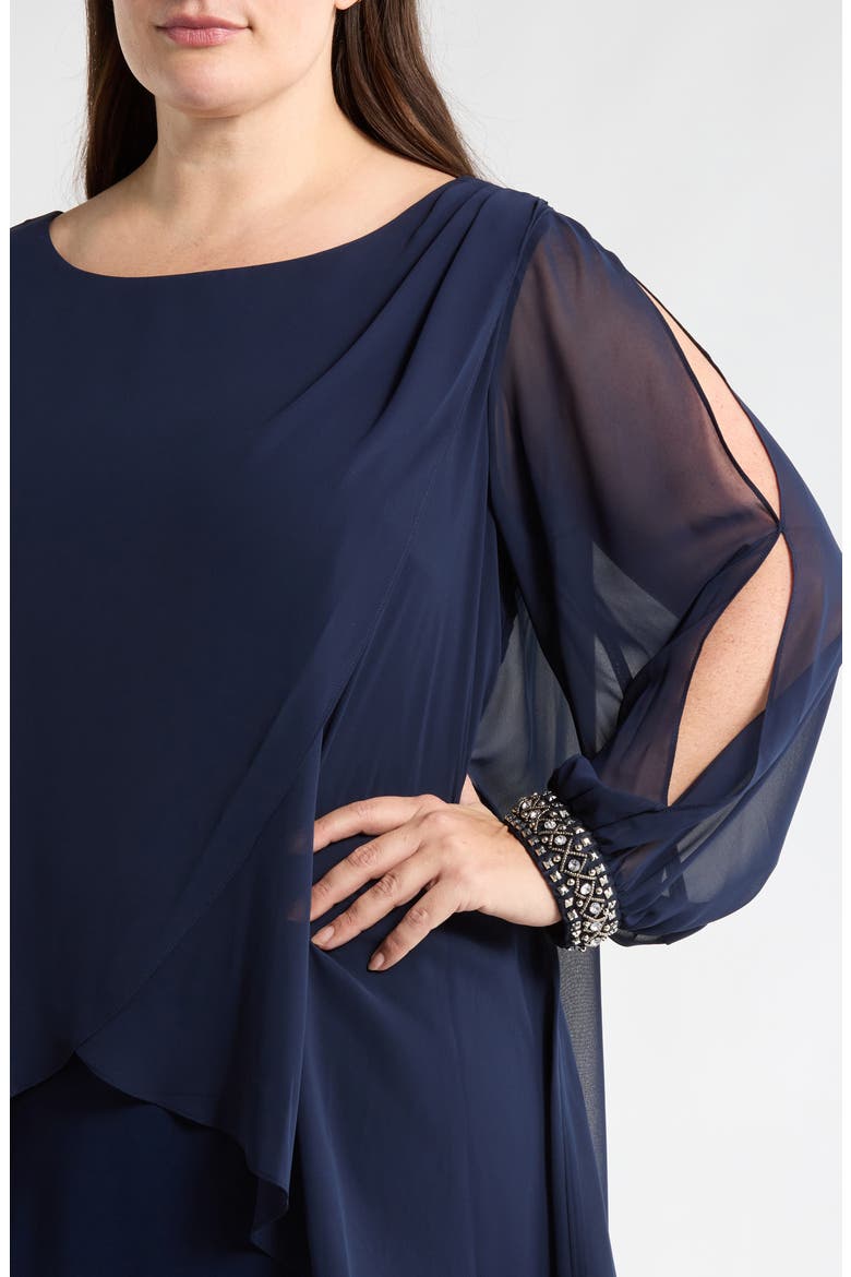 Beaded Overlay Long Sleeve Chiffon Cocktail Dress, Alternate, color, NAVY