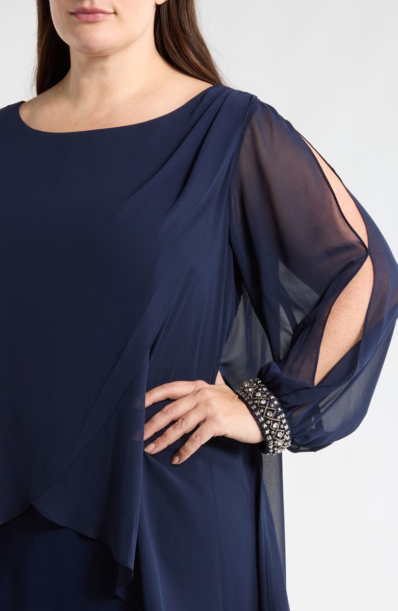 SL FASHIONS Beaded Overlay Long Sleeve Chiffon Cocktail Dress, Alternate, color,