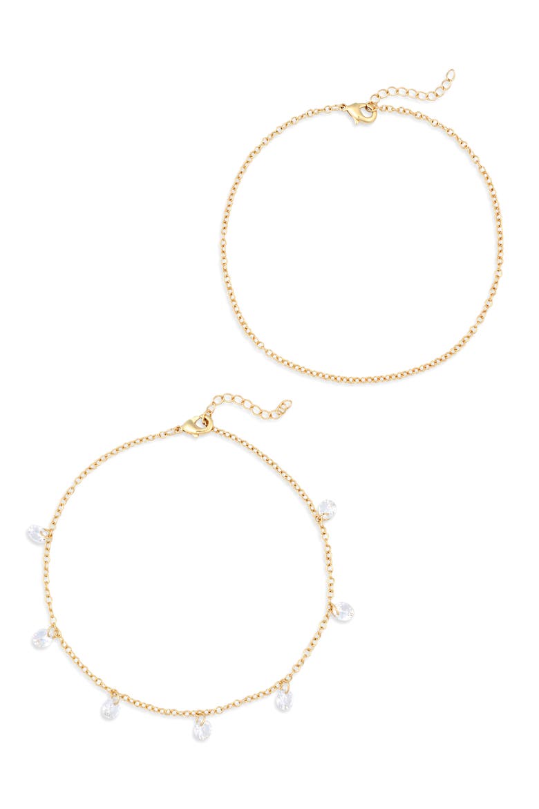 Set of 2 Cubic Zirconia Charm Anklets, Main, color, CLEAR- GOLD