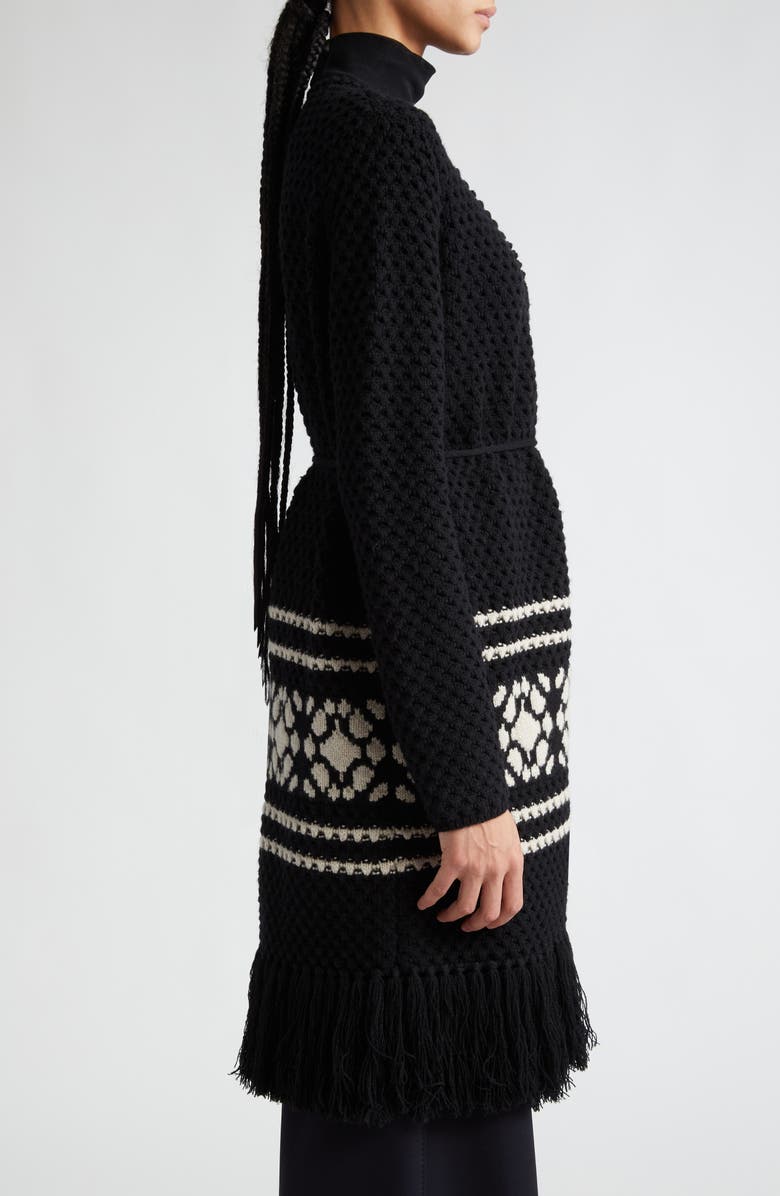 Max Mara Orione Longline Tie Waist Fringe Trim Wool & Cashmere Cardigan, Alternate, color, Black