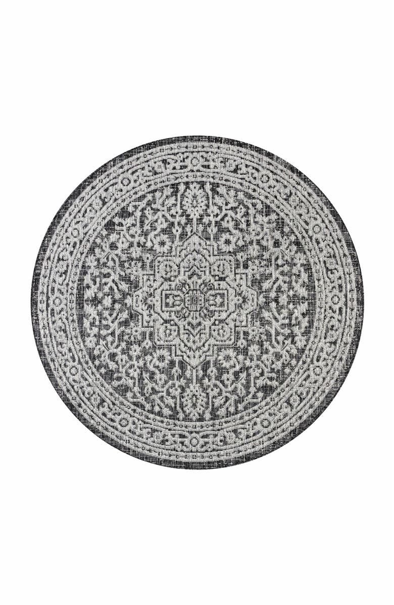JONATHAN Y Sinjuri Medallion Textured Weave Indoor/Outdoor Round Area Rug, Main, color, Gray/Black
