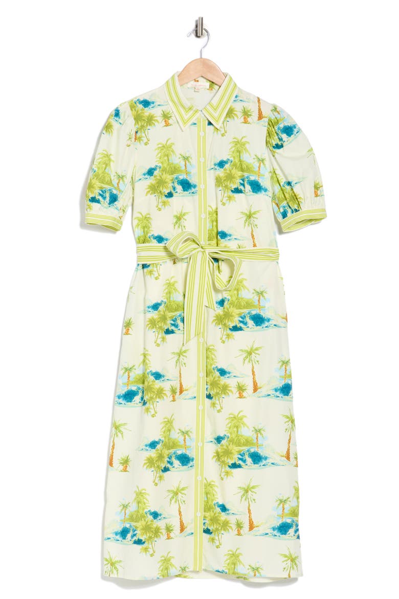 Tropical Print Short Sleeve Cotton Shirtdress, Alternate, color, OFF WHITE/ GREEN