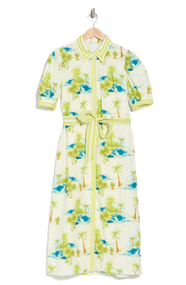 FLYING TOMATO Tropical Print Short Sleeve Cotton Shirtdress, Alternate, color, Off White/ Green