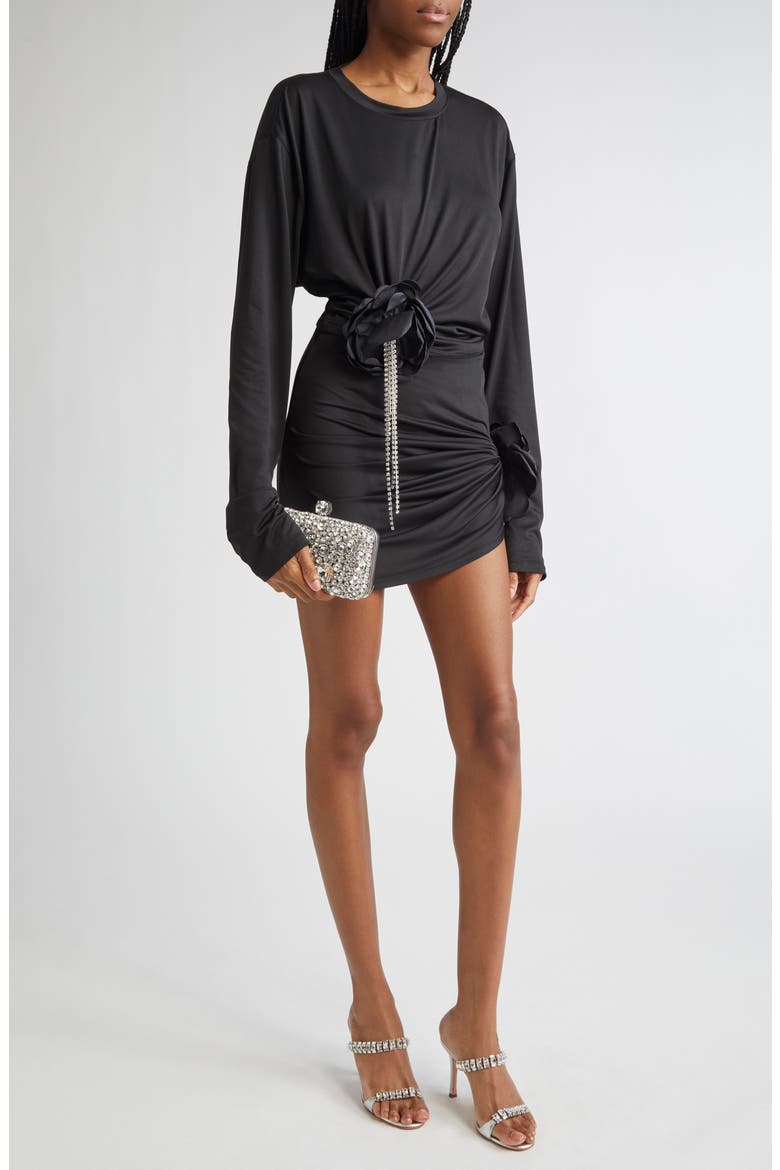 Crystal Flower Draped Miniskirt, Alternate, color, BLACK