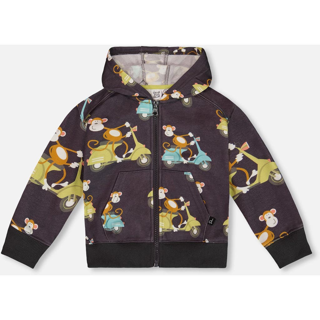 Deux Par Deux Little Boy's Printed French Terry Hooded Full Zip Cardigan Sweatshirt Monkey On Navy M In Monkey On Navy Moped