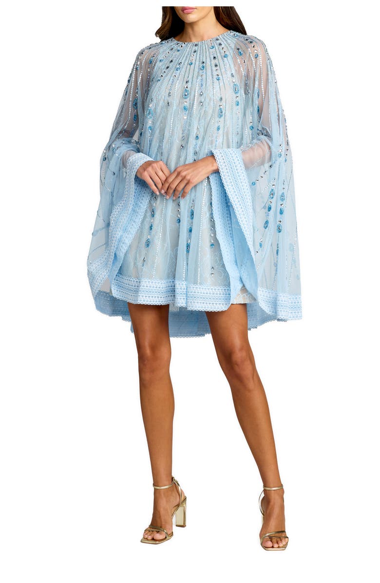 Mac Duggal Hand-Beaded Lace Trapeze Mini Dress with Sheer Cape Sleeves, Main, color, Powder Blue Nude