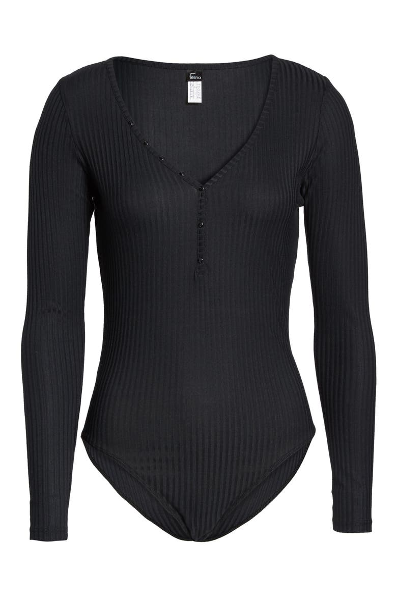 Body Zone Ribbed Henley Bodysuit, Alternate, color, BLACK