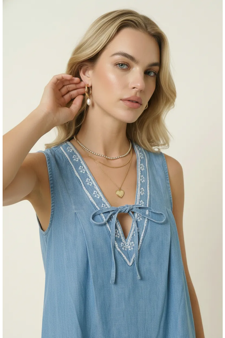 Sleeveless Mini Dress with Embroidered Trim and Tie Front Detail, Alternate, color, Blue
