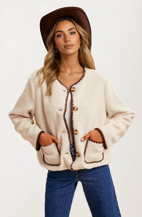 Button Front Contrast Trim Fleece Jacket