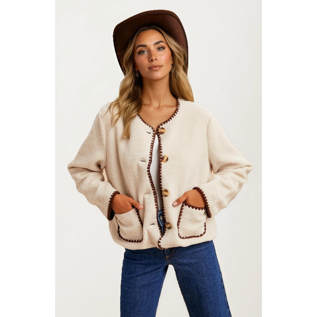 Knit and Lounge Button Front Contrast Trim Fleece Jacket in Beige  product