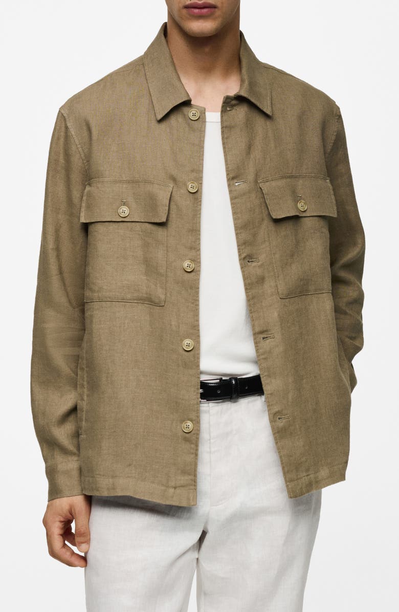 MANGO Linen Button-Up Shirt Jacket, Main, color, Khaki Green