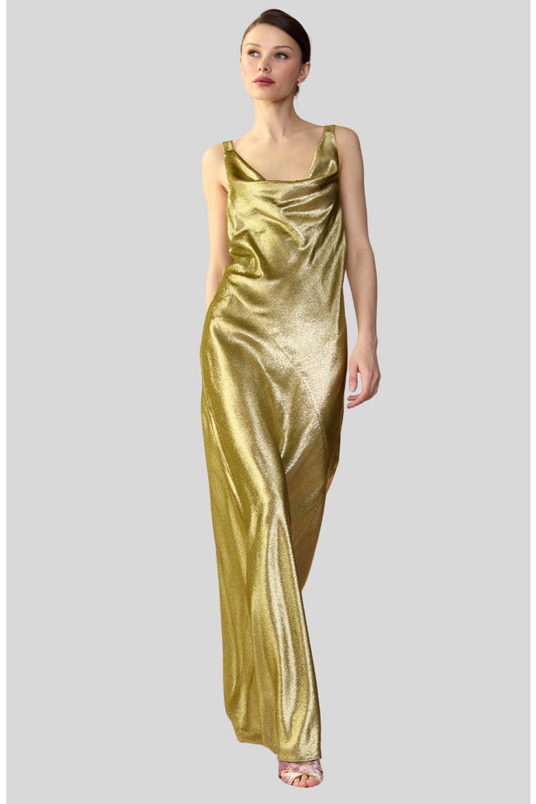 gold lame maxi dress Ramy Brook Chiara Silk Lam Strapless Maxi Dress in Gold