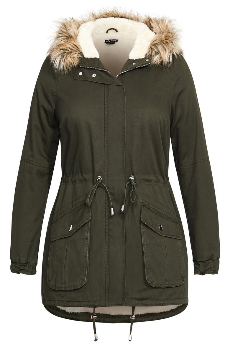 City Chic Explorer Parka with Faux Shearling Lining, Alternate, color, Khaki