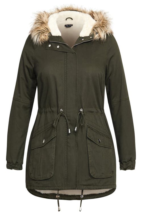 City Chic Explorer Parka With Faux Shearling Lining In Green