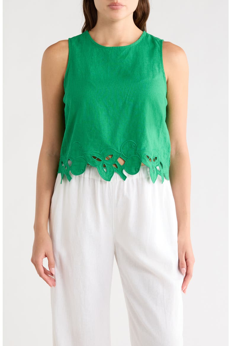 Embroidered Hem Crop Linen Blend Tank, Main, color, JUNGLE PALM