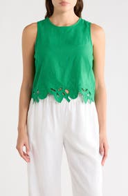 T Tahari Embroidered Hem Crop Linen Blend Tank