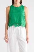 T Tahari Embroidered Hem Crop Linen Blend Tank