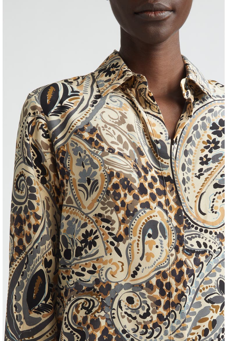 Paisley & Leopard Print Silk Tunic Button-Up Shirt, Alternate, color, BEIGE