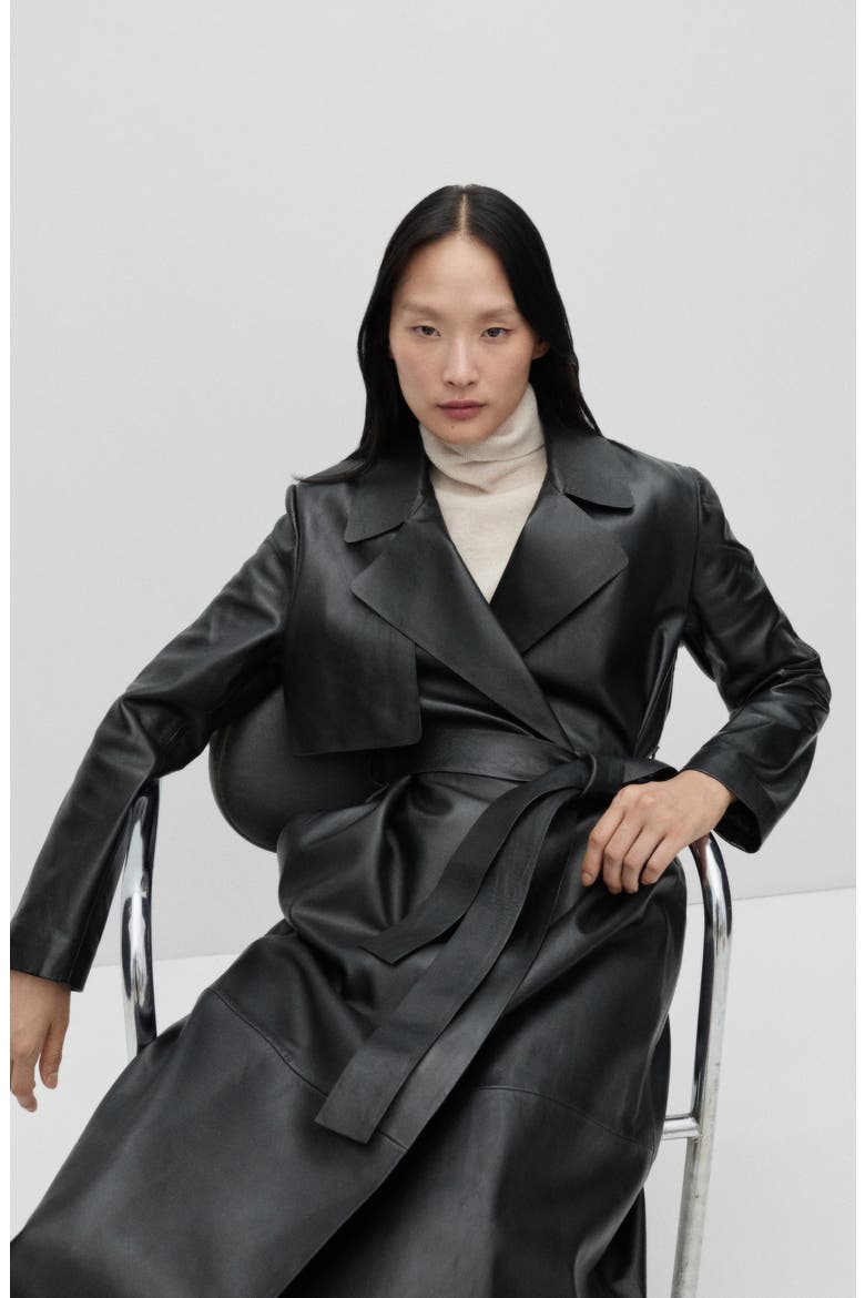 Tie Waist Leather Trench Coat, Alternate, color, BLACK