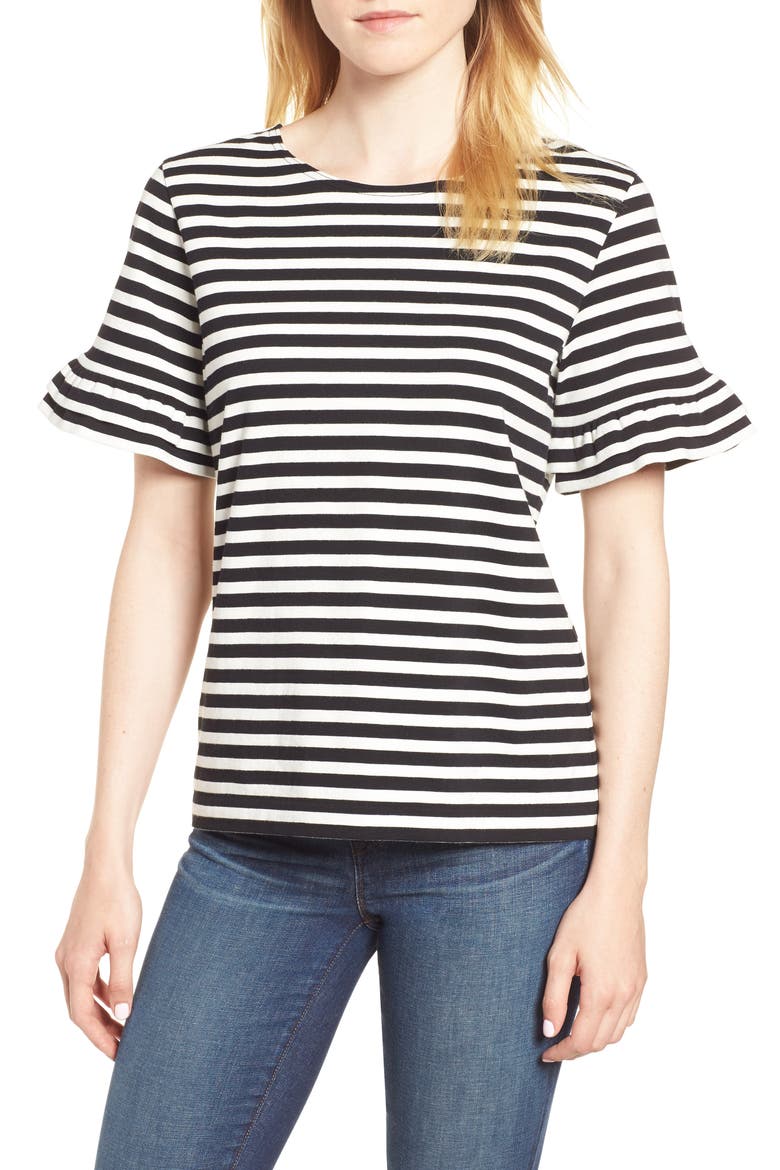 Ruffle Sleeve Tee, Main, color, BLACK WHITE