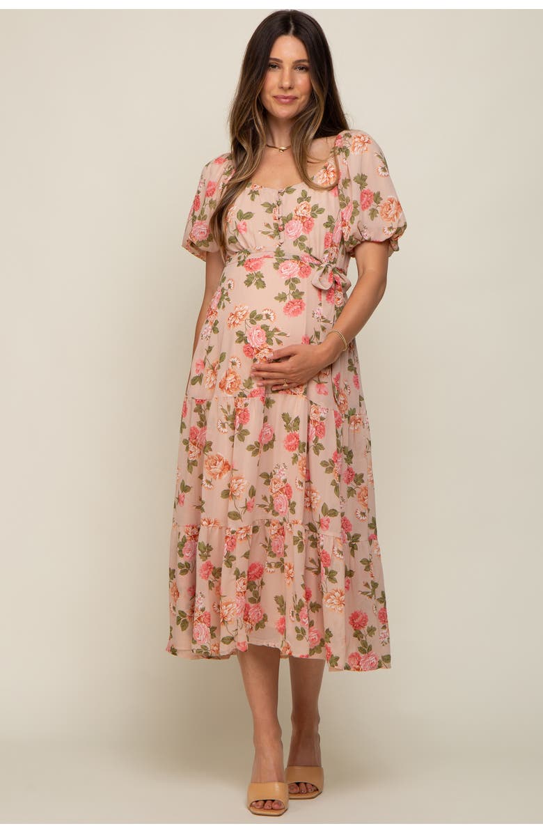 PinkBlush Floral Button Puff Sleeve Midi Dress, Alternate, color, Pink