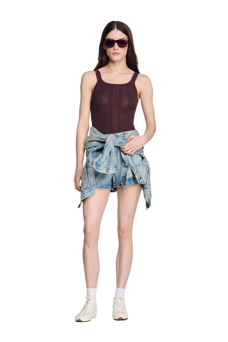 Pointelle knit vest top with bow, Alternate, color, Brown