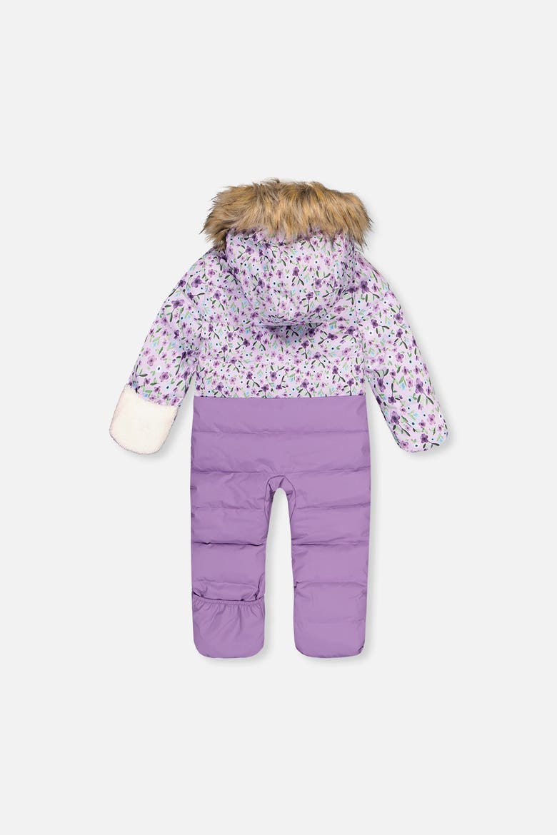 Mini Flowers Snug Car Seat Fleece Neckwarmer One Piece Snowsuit, Alternate, color, Purple Printed Mini Flowers