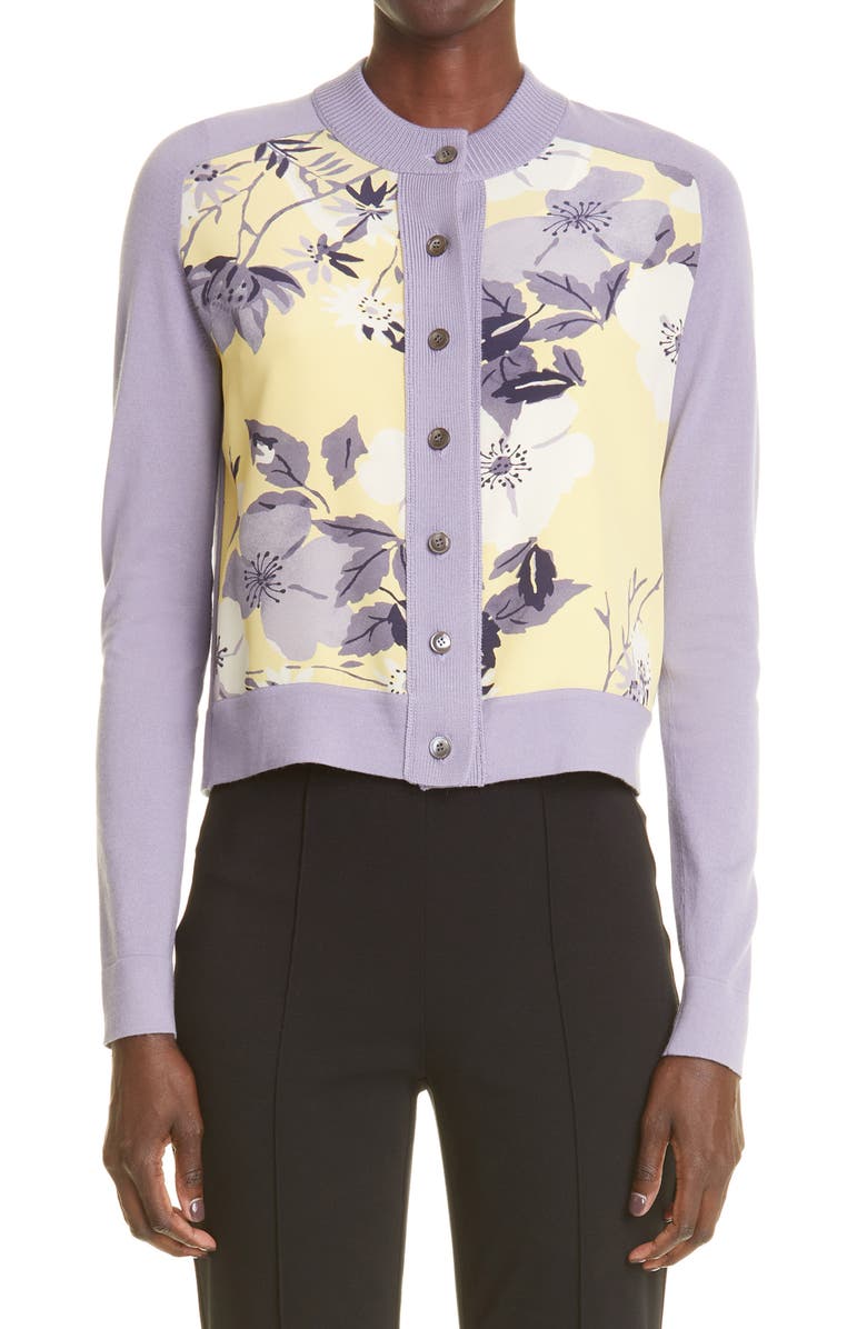 St. John Collection Floral Silk Panel Wool Cardigan, Main, color,