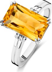 DPT Antwerp Citrine Diamond Ring | 4 natural diamonds - 1 citrine gemstone | 925 Sterling Silver | Ring | 7 | White Rhodium