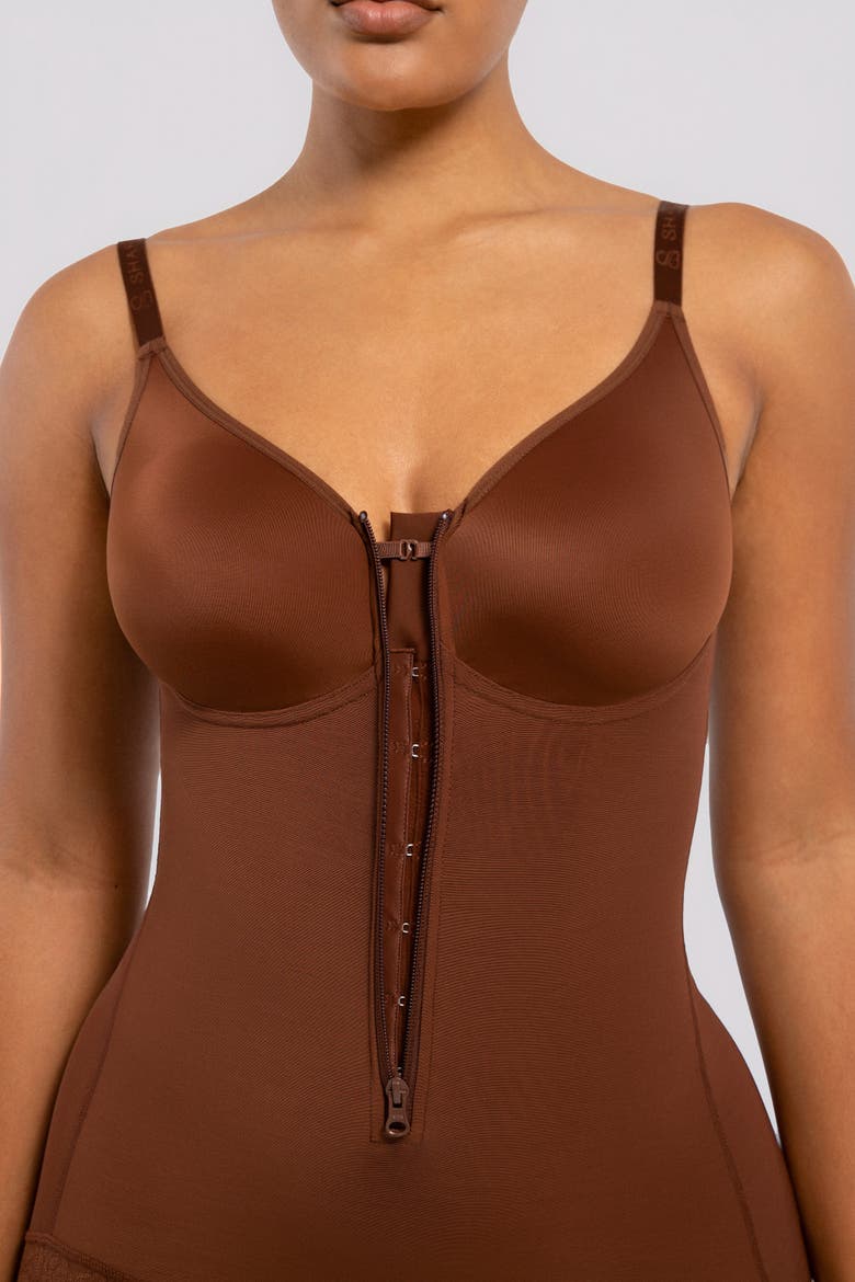 Tummy Control Zip-Up Brief Bodysuit, Alternate, color, Brown