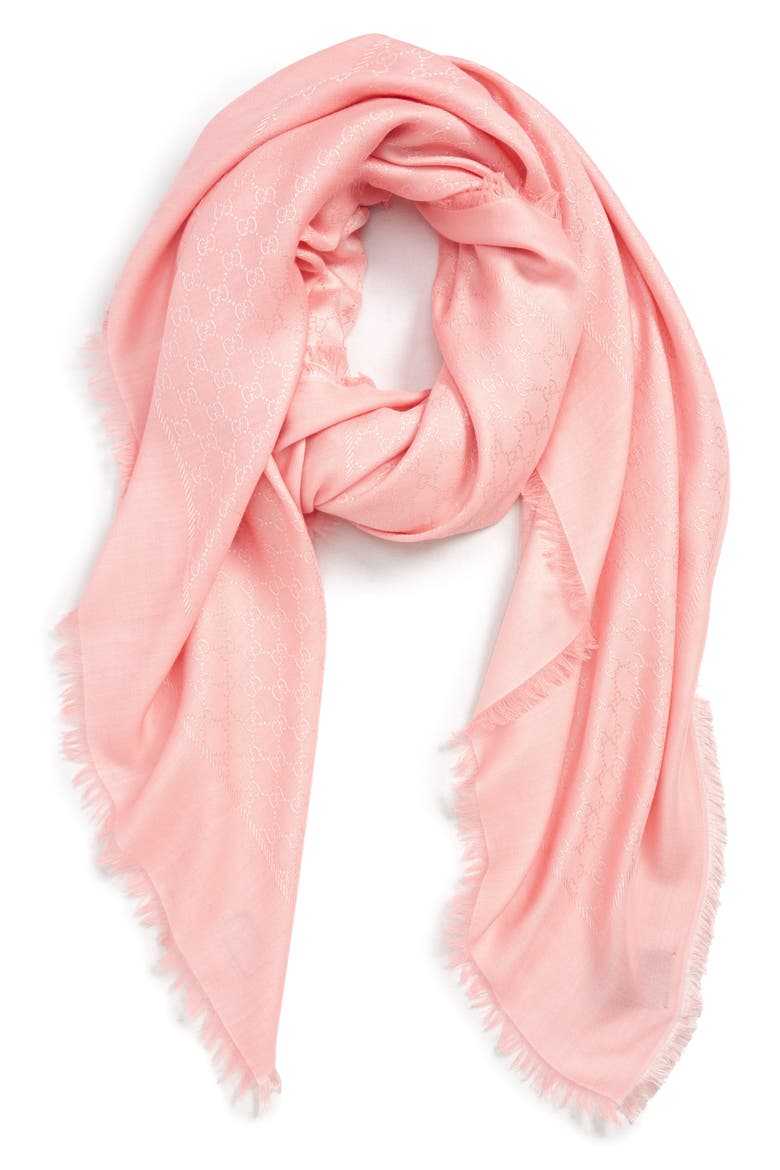 Ataria GG Logo Jacquard Silk & Wool Scarf, Alternate, color, POWDER