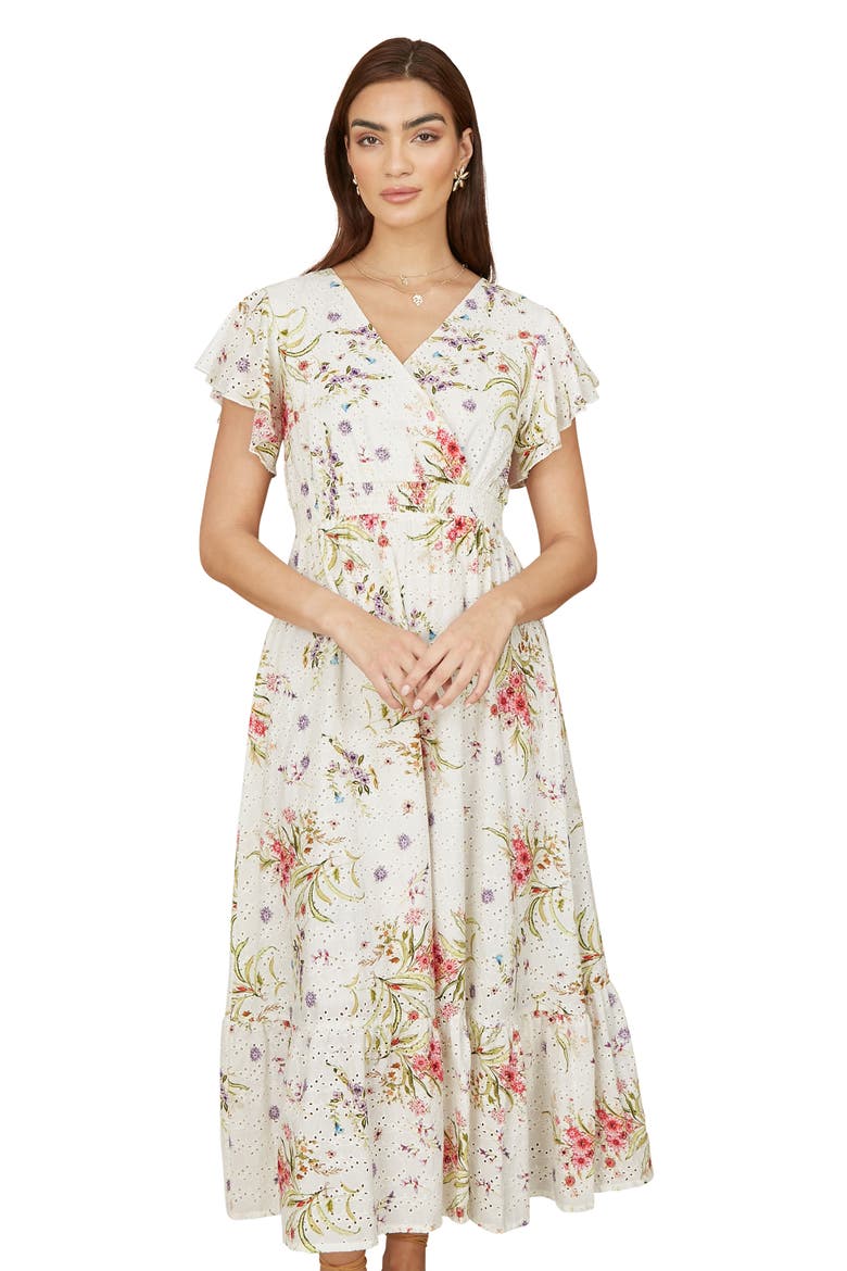 Floral Broderie Anglaise Wrap Midi Dress, Alternate, color, Ivory