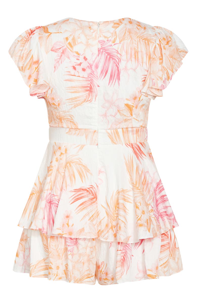 City Chic Summer Frill Faux Wrap Romper, Alternate, color, Pink Palm