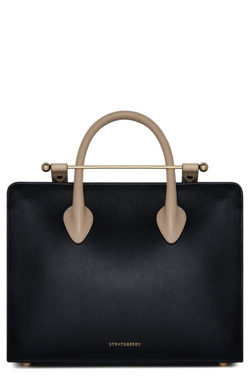 Strathberry Midi Colorblock Leather Tote in Black/Oat/Mushroom 