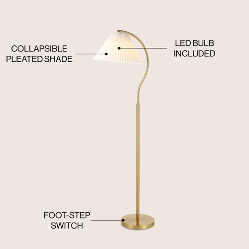 Jonathan Y Devon Modern Glam Metal Arc Led Floor Lamp With Pleated Shade In Brass Gold