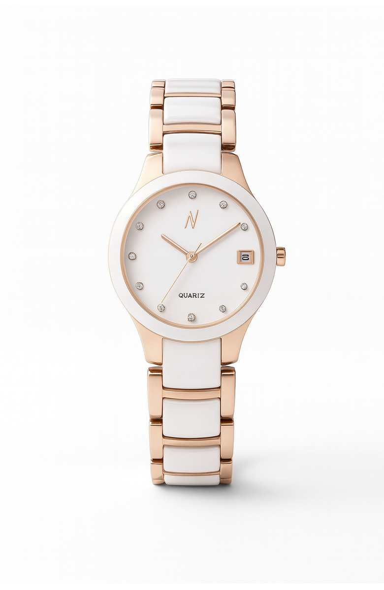 NCMPRBL Petite Link Butterscotch Quartz Movement Ceramic Bracelet Watch, 34MM, Main, color, White Brilliant, Rose Gold