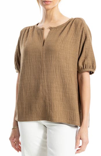 Max Studio Short Sleeve Split Neck Blouse In Brown