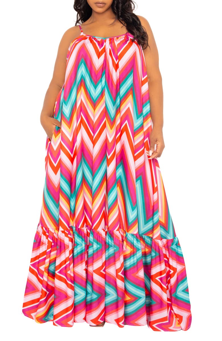 BUXOM COUTURE Chevron Print Maxi Dress, Main, color, Pink Multi