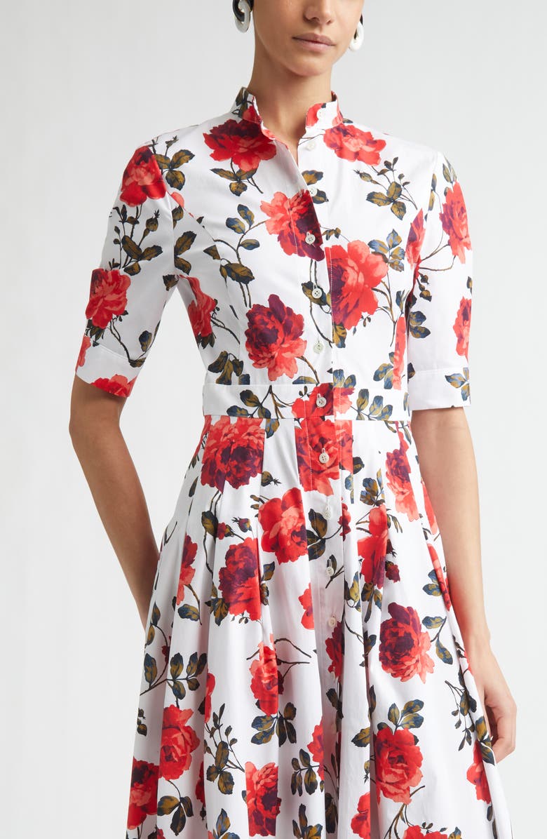 Carolina Herrera Rose Print Stretch Cotton Poplin Shirtdress, Alternate, color, White Multi