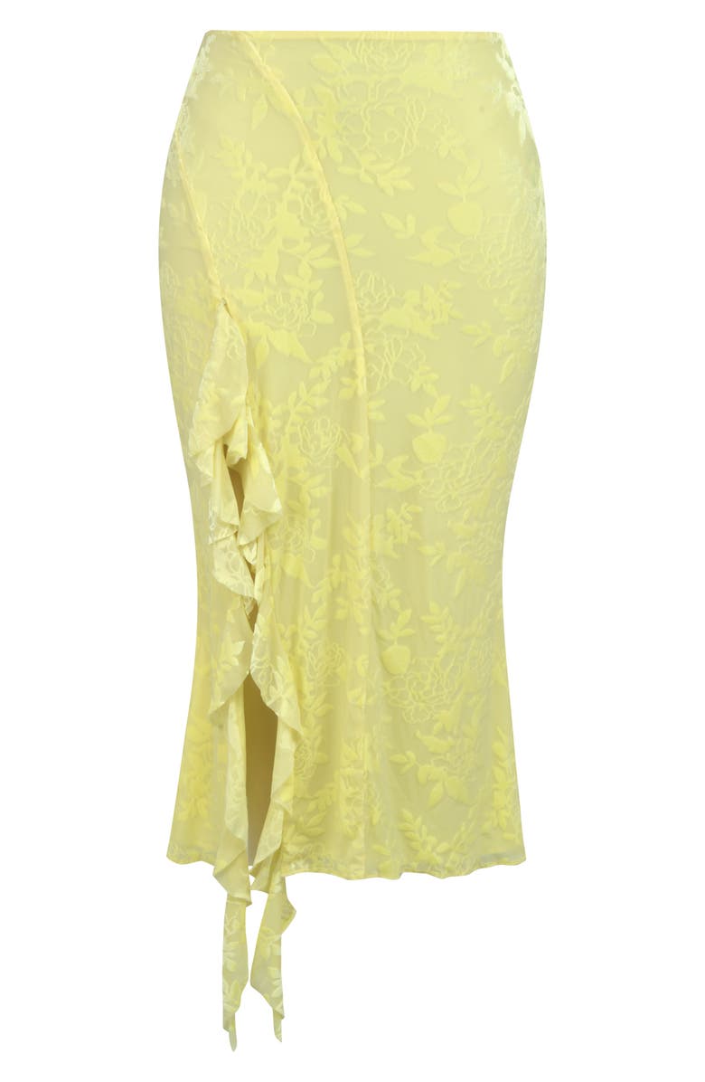 Mistress Rocks Floral Burnout Velvet Ruffle Spiral Midi Skirt, Alternate, color, Lemon Lime