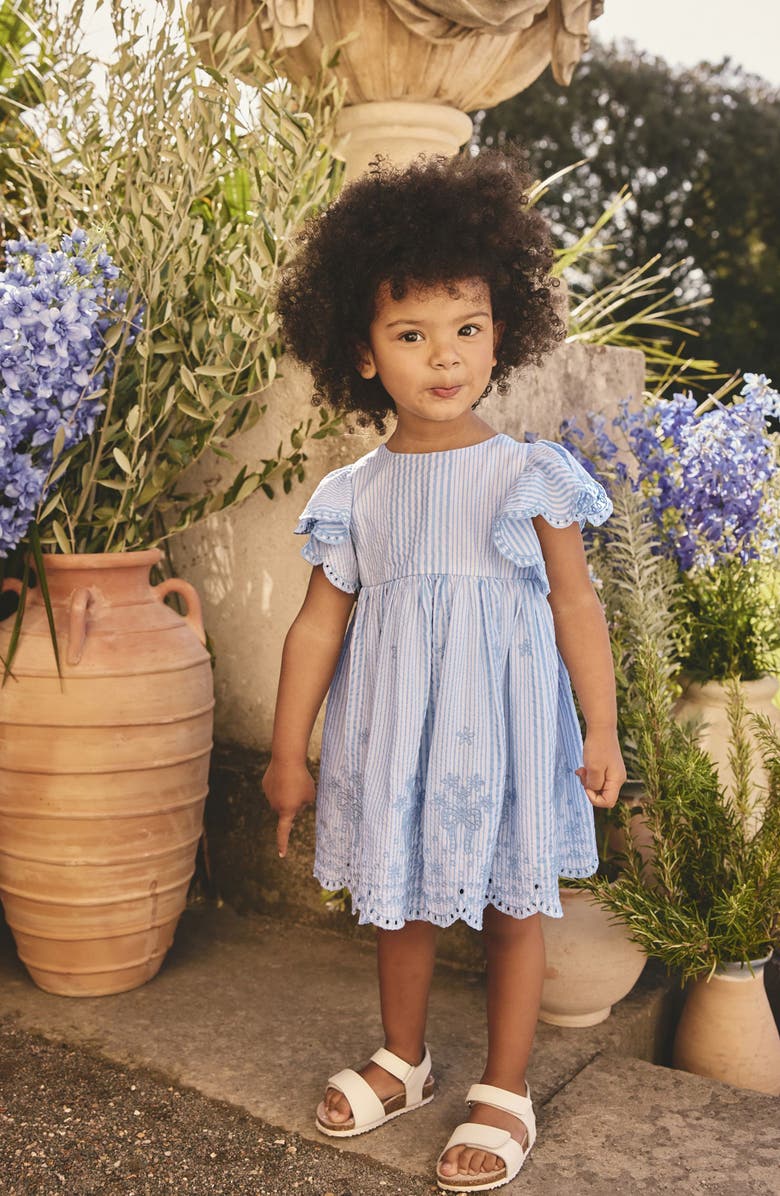 NEXT Kids' Stripe Broderie Flutter Sleeve Dress, Alternate, color, Blue